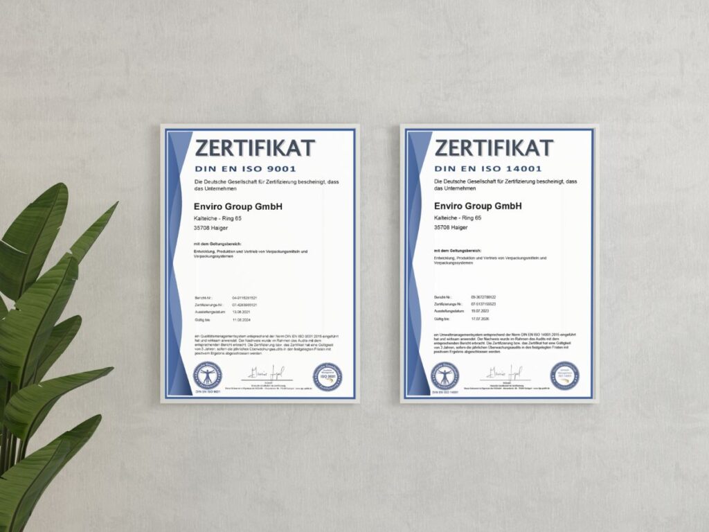 Zertifikate der envirogroup über DIN ISO 9001 und DIN ISO 14001