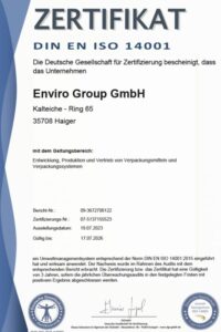 Certificate about the DIN ISO 14001 certification of the Enviro Group in Haiger