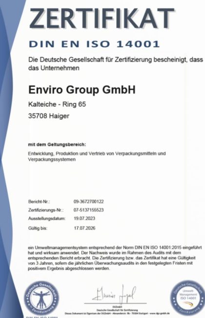 Zertifikart über die DIN ISO 14001 Zertifizierung der Enviro Group in Haiger